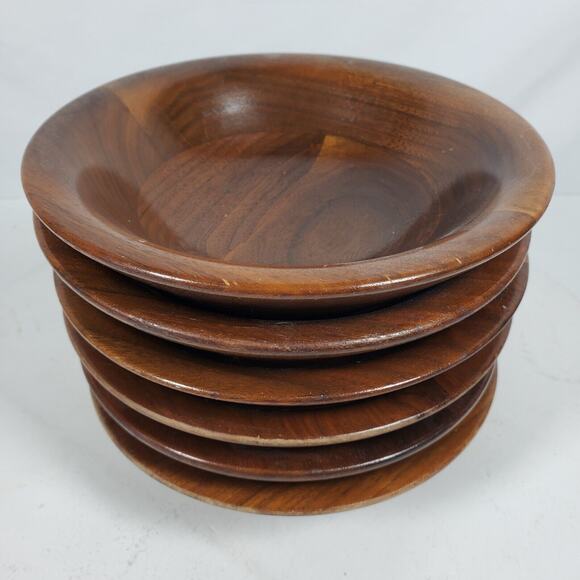 Antique Vintage Primitive Bowl 7 Inch Wood Walnut Salad Handcrafted SET OF 6 - Picture 1 of 14